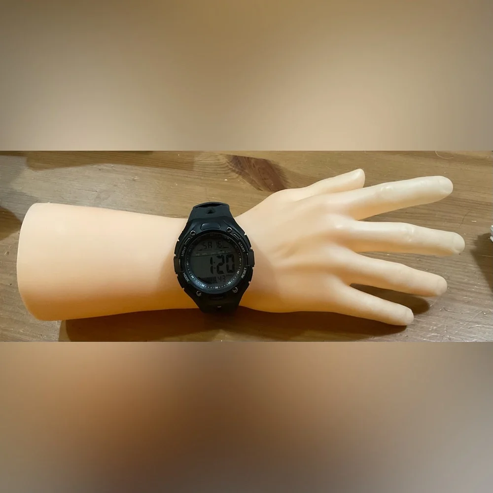 Brigadeon: BTW1801/ 5ATM Men’s black digital adjustable plastic wrist watch.